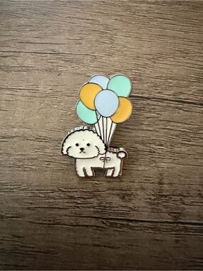 Cute White Dog Enamel Pin with Colorful Balloons